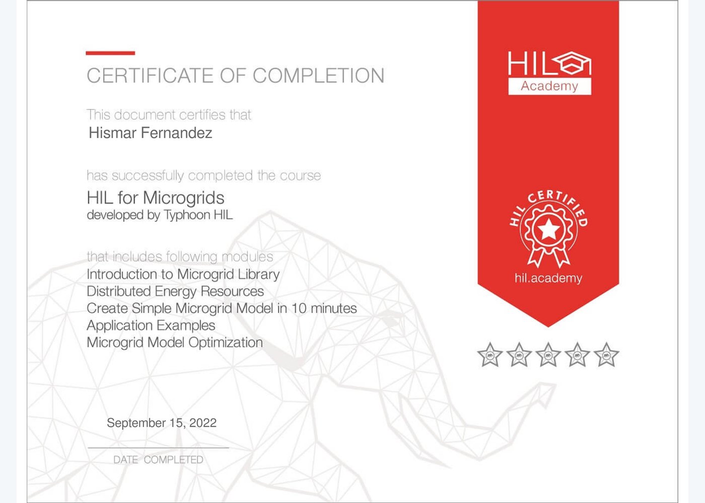 HIL for Microgrids certificate preview