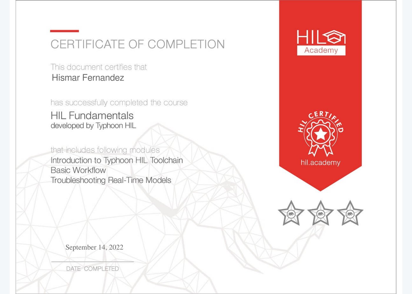 HIL Fundamentals certificate preview
