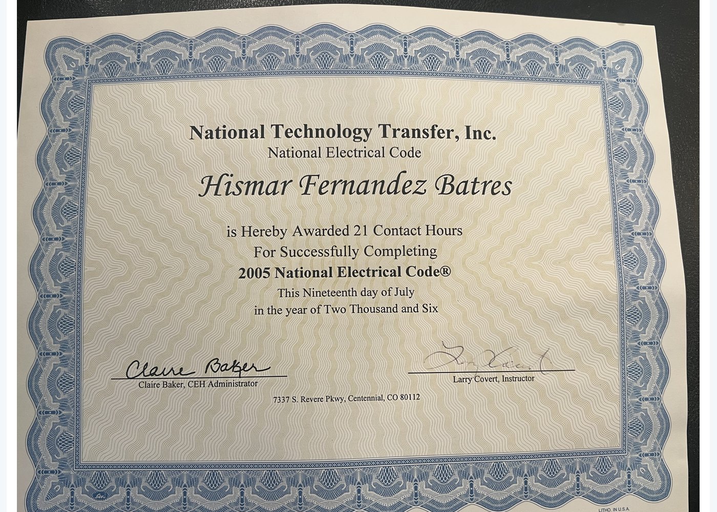 National Electric Clock Technical Training certificate preview