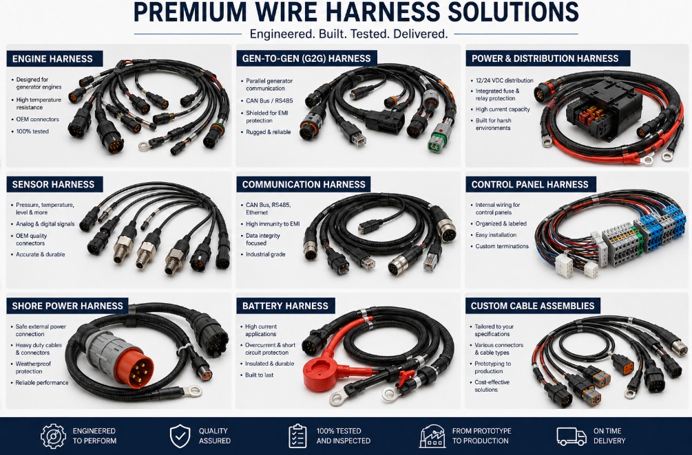 Premium wire harness examples for generator, panel, power, and communication applications